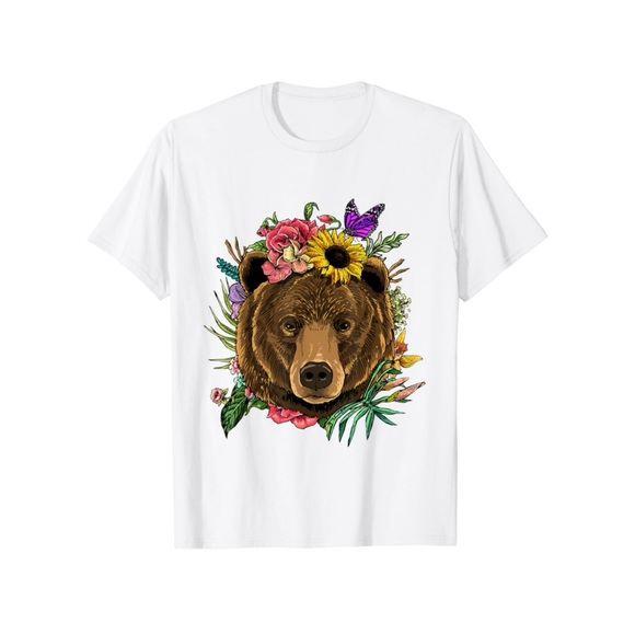 Bear Shirt Nature Floral Grizzly Bear Face Animal Bear Lover T-Shirt XL - Picture 6 of 6